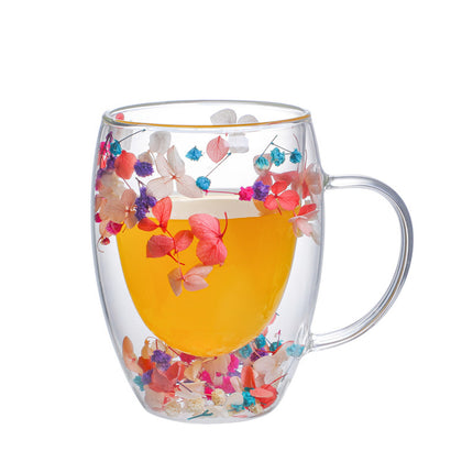 Real Flower Double Layer Glass Cup | Borosilicate Floral Mug