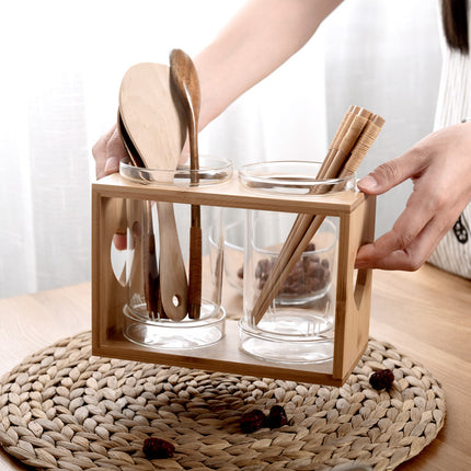 Wooden Utensil Holder ❤️ – 2 Glass Pots, Heart Design