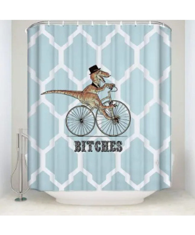 Dino Ride B!*ches Waterproof Shower Curtain 🦖🚲