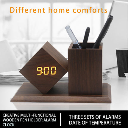 Wooden LED Pen Holder Clock – Desk Organiser with Alarm & Voice Activation