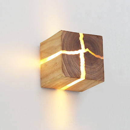 Solid Wood Cube Wall Lamp – Nordic Crack Effect Lighting | Ikeame