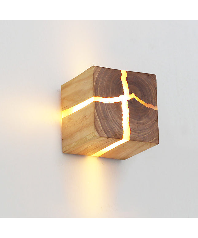 Solid Wood Cube Wall Lamp – Nordic Crack Effect Lighting | Ikeame